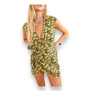 Large Urban Outfitter Wrap Dress Black Yellow Floral Lightweight Boho